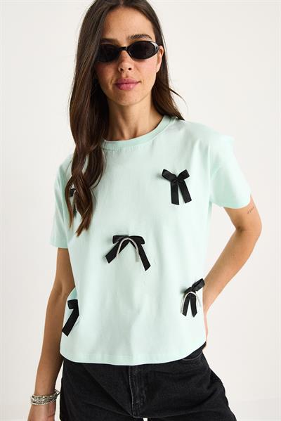Kadın Saten Kurdela Aksesuarlı Taş Detaylı T-Shirt 60602011 - Mint Yeşili