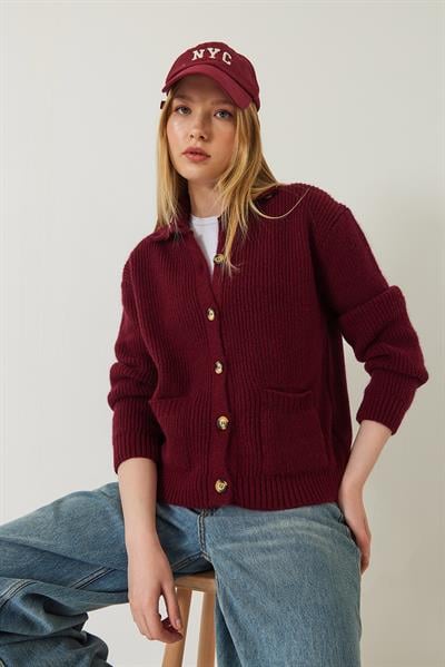 Selanik Örgü Cepli Triko Hırka 20246941 - Bordo