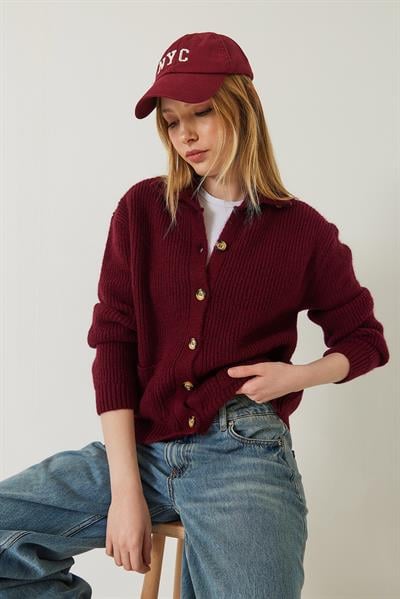Selanik Örgü Cepli Triko Hırka 20246941 - Bordo