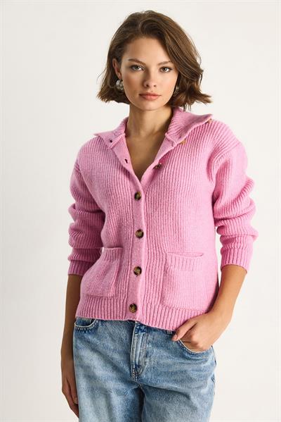 Selanik Örgü Cepli Triko Hırka 20246941 - Pudra