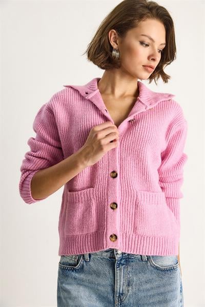 Selanik Örgü Cepli Triko Hırka 20246941 - Pudra