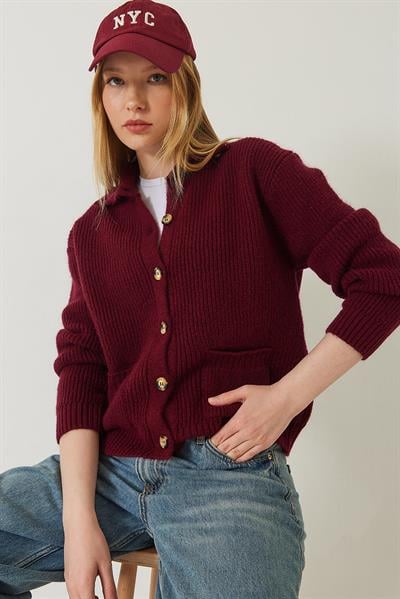 Selanik Örgü Cepli Triko Hırka 20246941 - Bordo