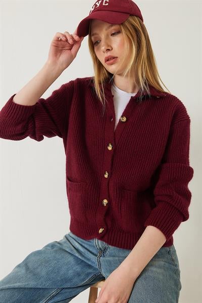 Selanik Örgü Cepli Triko Hırka 20246941 - Bordo