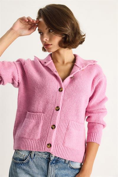 Selanik Örgü Cepli Triko Hırka 20246941 - Pudra