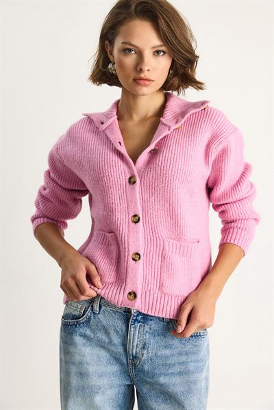 Selanik Örgü Cepli Triko Hırka 20246941 - Pudra