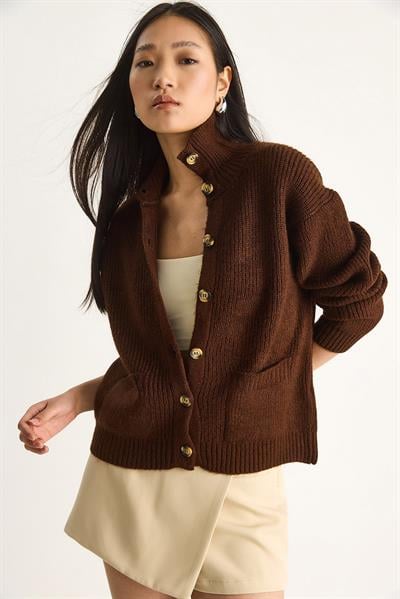 Selanik Örgü Cepli Triko Hırka 20246941 - Acı Kahve