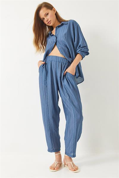 Kadın Sieva Kumaş Oversize Viskon Gömlek Pantolon Alt-Üst Takım 9291 60281015 - İndigo