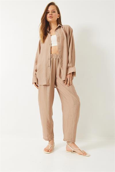 Kadın Sieva Kumaş Oversize Viskon Gömlek Pantolon Alt-Üst Takım 9291 60281015 - Bej
