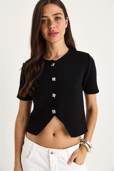 Şık Düğme Detaylı Triko Hırka 20251043 - Siyah
