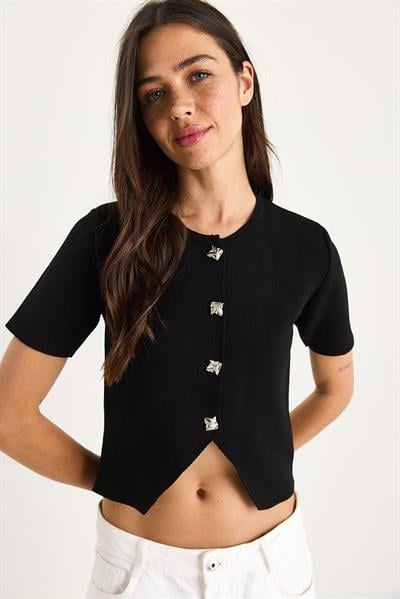 Şık Düğme Detaylı Triko Hırka 20251043 - Siyah