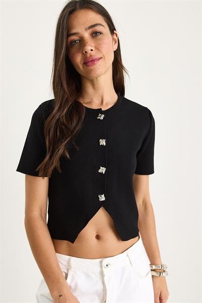 Şık Düğme Detaylı Triko Hırka 20251043 - Siyah