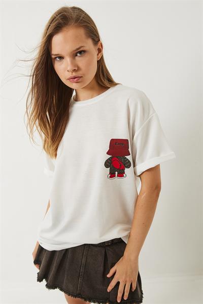 Kadın Sırt Baskı Detaylı Bisiklet Yaka Oversize T-Shirt 3085 60283077 - Beyaz
