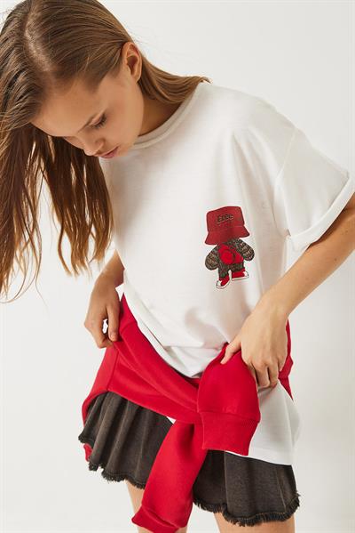 Kadın Sırt Baskı Detaylı Bisiklet Yaka Oversize T-Shirt 3085 60283077 - Beyaz