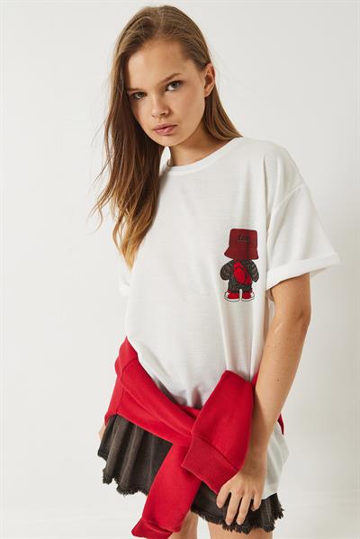 Kadın Sırt Baskı Detaylı Bisiklet Yaka Oversize T-Shirt 3085 60283077 - Beyaz
