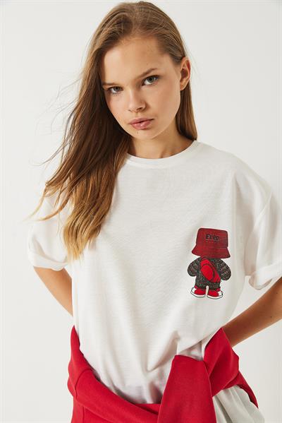 Kadın Sırt Baskı Detaylı Bisiklet Yaka Oversize T-Shirt 3085 60283077 - Beyaz
