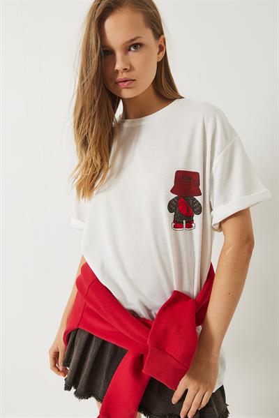 Kadın Sırt Baskı Detaylı Bisiklet Yaka Oversize T-Shirt 3085 60283077 - Beyaz