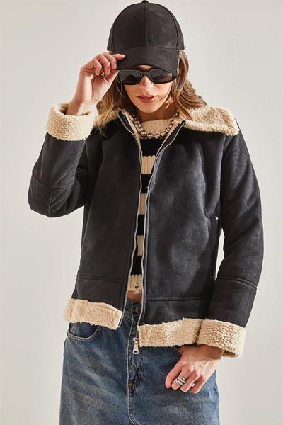 Kadın Süet Peluş Mont 60041023 - Siyah-Bej