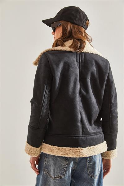 Kadın Süet Peluş Mont 60041023 - Siyah-Bej