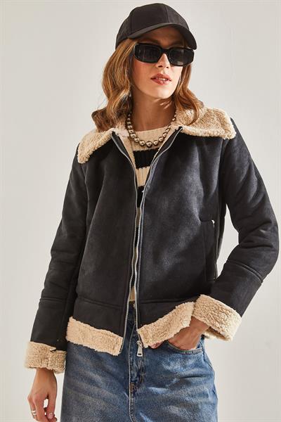 Kadın Süet Peluş Mont 60041023 - Siyah-Bej