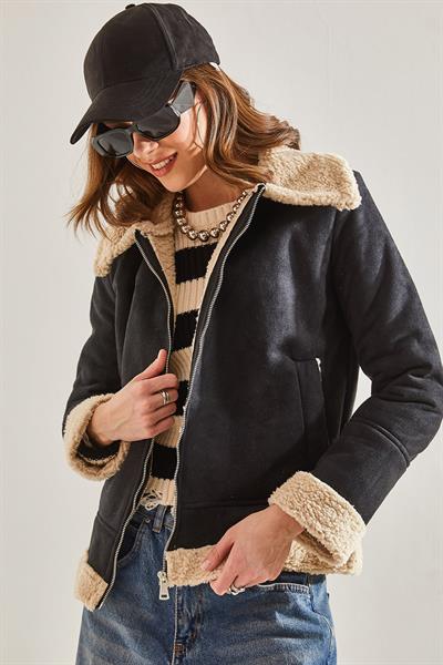 Kadın Süet Peluş Mont 60041023 - Siyah-Bej