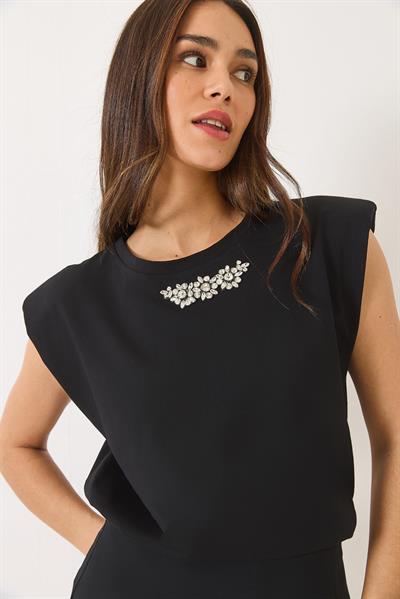 Kadın Taş Detaylı Vatkalı Kolsuz T-Shirt 3059 60283041 - Siyah
