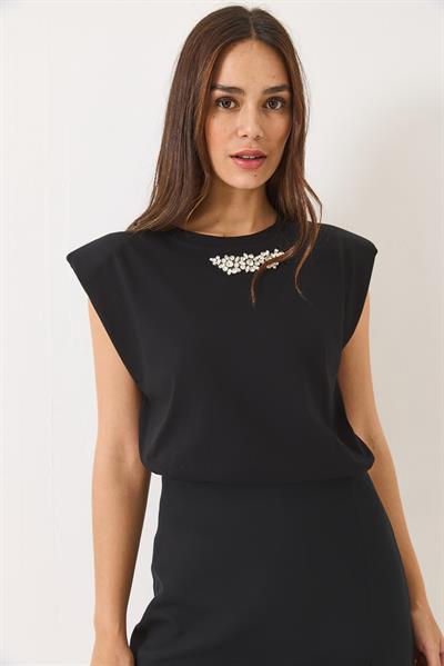 Kadın Taş Detaylı Vatkalı Kolsuz T-Shirt 3059 60283041 - Siyah
