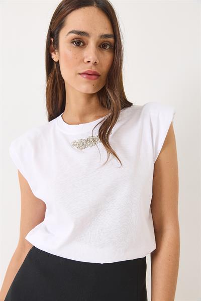 Kadın Taş Detaylı Vatkalı Kolsuz T-Shirt 3059 60283041 - Beyaz