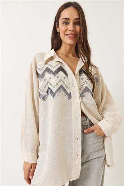 Kadın Taş İşlemeli Oversize Keten Gömlek 6231 60283111 - Taş