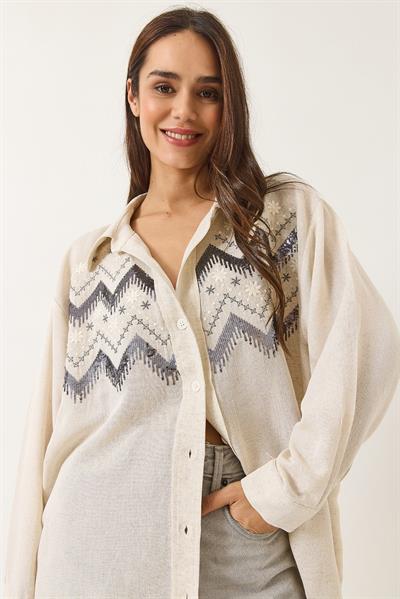 Kadın Taş İşlemeli Oversize Keten Gömlek 6231 60283111 - Taş