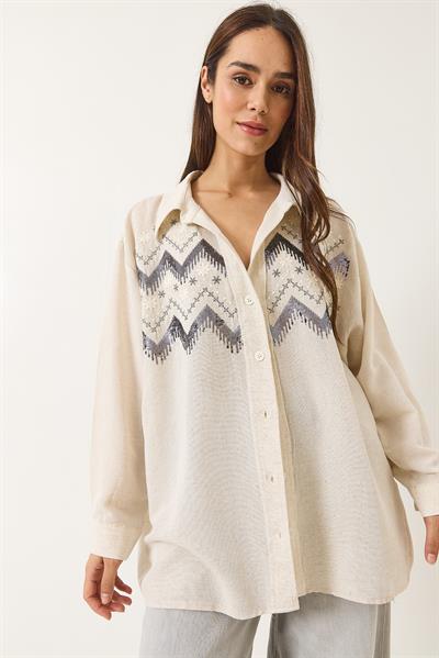 Kadın Taş İşlemeli Oversize Keten Gömlek 6231 60283111 - Taş
