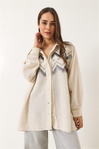Kadın Taş İşlemeli Oversize Keten Gömlek 6231 60283111 - Taş