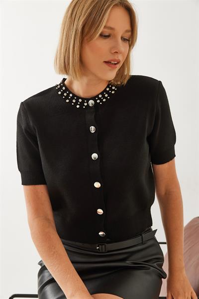 Taş İşlemeli Triko Hırka 14314 60351157 - Siyah