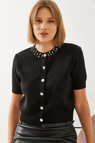 Taş İşlemeli Triko Hırka 14314 60351157 - Siyah