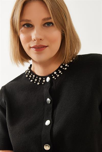 Taş İşlemeli Triko Hırka 14314 60351157 - Siyah