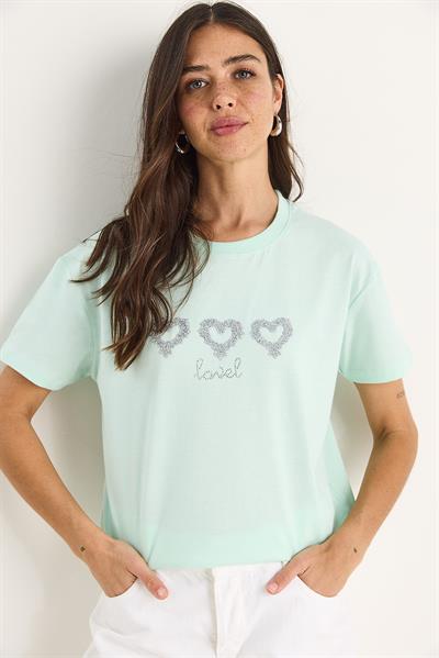 Kadın Taşlı Kalp Aksesuarlı Normal Kalıp Pamuklu T-Shirt 60602069 - Su Yeşili