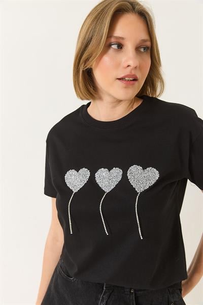 Kadın Taşlı Kalp Detaylı Kısa Kollu Pamuklu T-Shirt 60602038 - Siyah