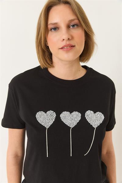 Kadın Taşlı Kalp Detaylı Kısa Kollu Pamuklu T-Shirt 60602038 - Siyah