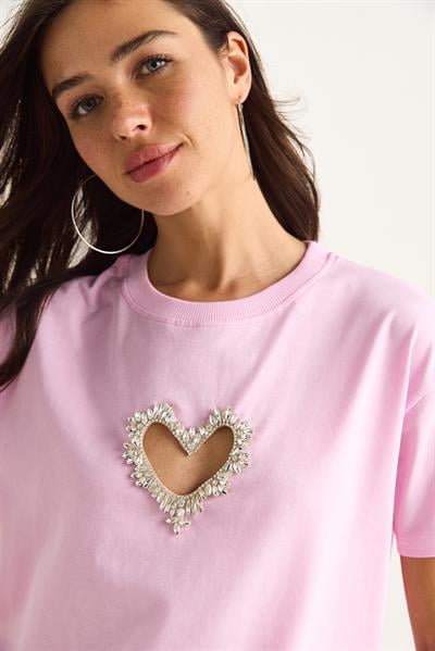 Kadın Taşlı Kalp Pencereli Pamuklu T-Shirt 60602073 - Şeker Pembe