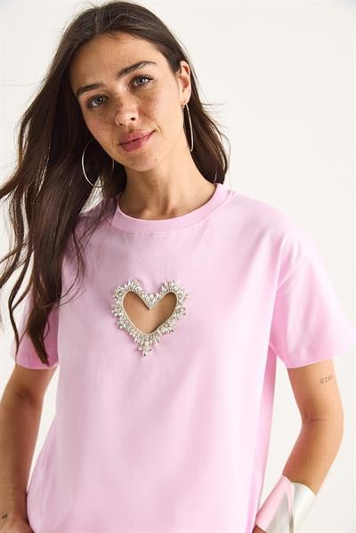 Kadın Taşlı Kalp Pencereli Pamuklu T-Shirt 60602073 - Şeker Pembe
