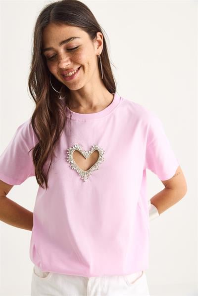 Kadın Taşlı Kalp Pencereli Pamuklu T-Shirt 60602073 - Şeker Pembe