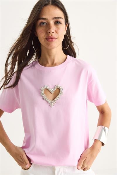 Kadın Taşlı Kalp Pencereli Pamuklu T-Shirt 60602073 - Şeker Pembe