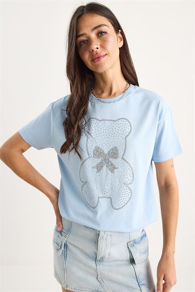 Kadın Teddy Kurdele Detaylı Taşlı T-Shirt 60602035 - Bebe Mavisi