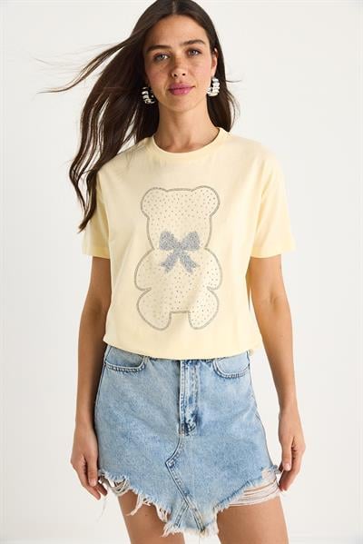 Kadın Teddy Kurdele Detaylı Taşlı T-Shirt 60602035 - Tereyağ