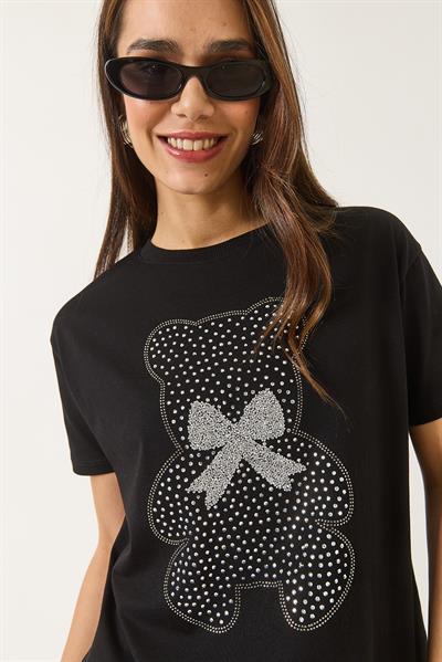Kadın Teddy Kurdele Detaylı Taşlı T-Shirt 60602035 - Siyah