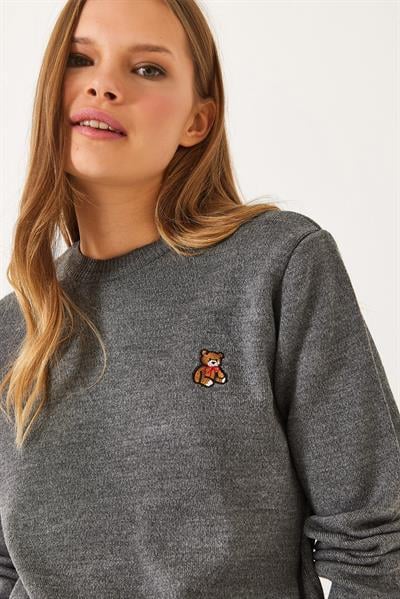 KadınTeddy Nakışlı Basic Kazak 20247602 - Antrasit