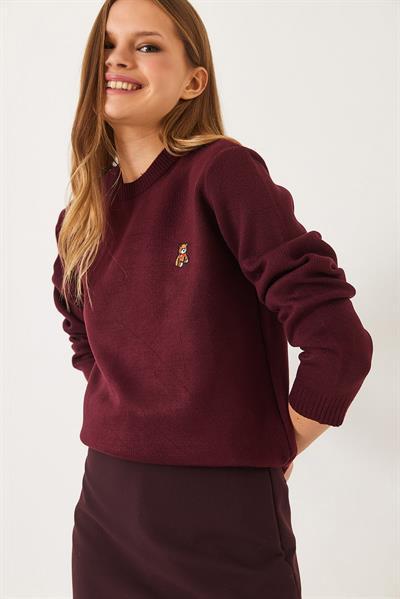 KadınTeddy Nakışlı Basic Kazak 20247602 - Bordo