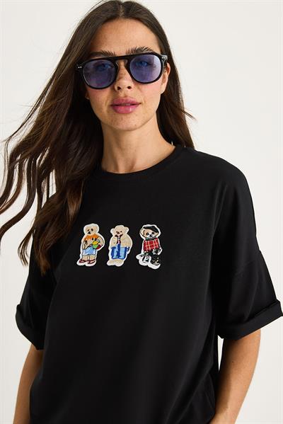 Kadın Teddy Nakışlı Bisiklet Yaka Pamuklu T-Shirt 60602064 - Siyah