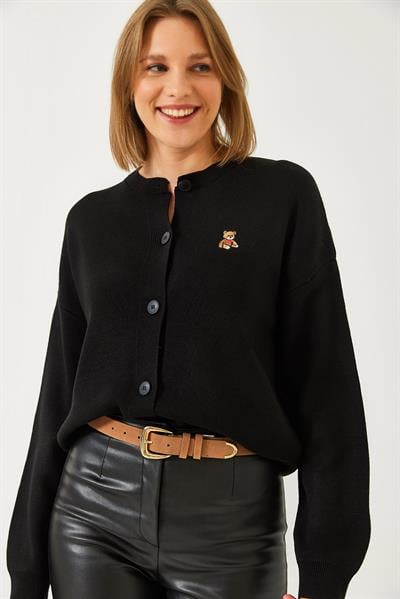 Teddy Nakışlı Düğmeli Triko Hırka TH241126 60261173 - Siyah