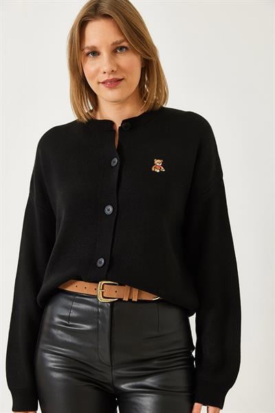 Teddy Nakışlı Düğmeli Triko Hırka TH241126 60261173 - Siyah