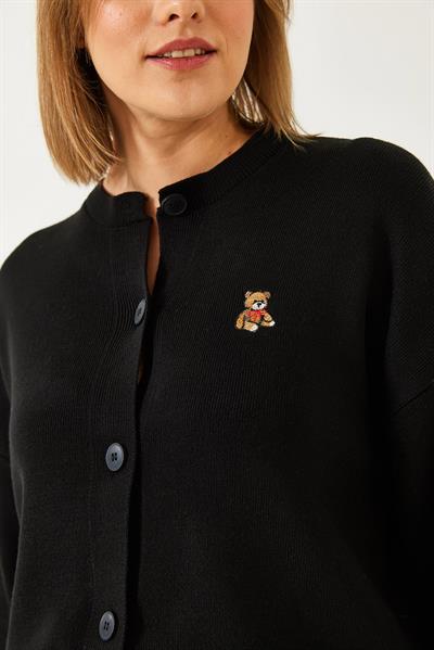Teddy Nakışlı Düğmeli Triko Hırka TH241126 60261173 - Siyah